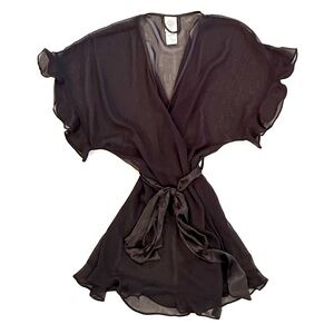 In Bloom By Jonquil Black Chiffon Ruffle Satin Tie Slip Wrap Robe